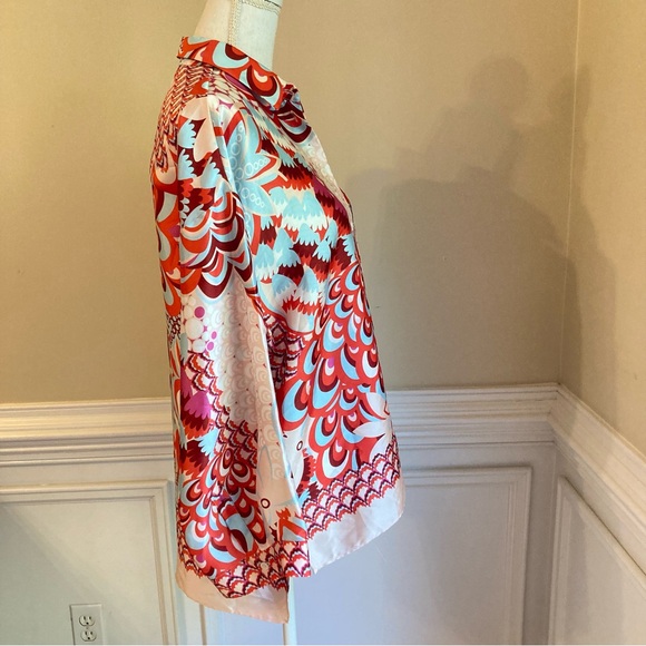 ZARA Satin Faux Silk Twill Red Pink Blue Paisley Scarf Print Button Up Shirt - Picture 3 of 10